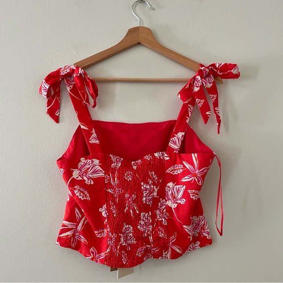 New Joie Womens  Red Floral Linen Blend Crop Tie Tank Top. Size 4 - Picture 2 of 4
